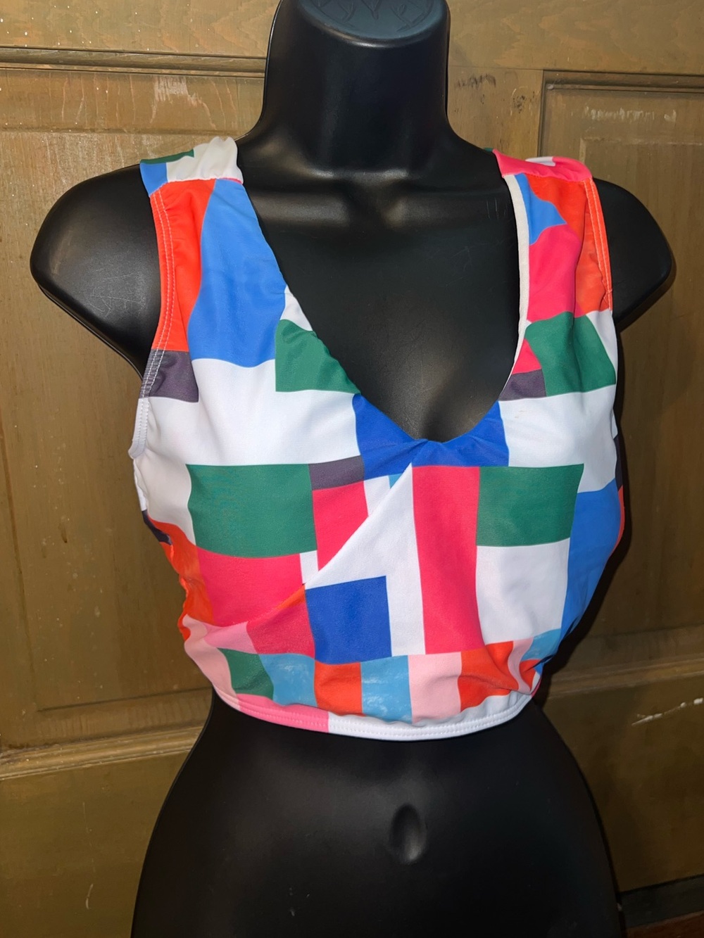 Colorblock Multicolor V Neck Geometric Print Swim Bikini Top Size XL - Picture 2 of 8